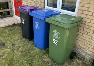 An image of wheelie bins. These wheelie bins have benefitted from Wheelie Bin Cleaning provided by the Wheelie Clean Bin Company